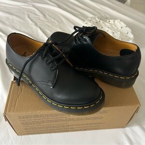 Dr. Martens Black Leather Oxfords with Yellow Stitching